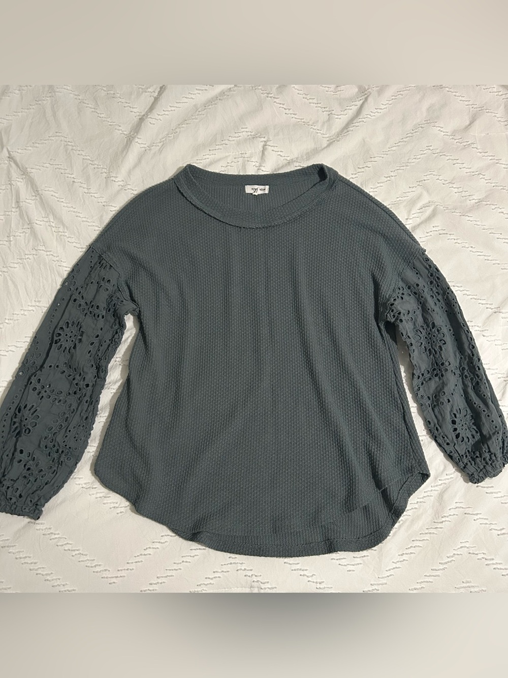 Eyeshadow Women’s Waffle Knit Puff Eyelet Sleeve Top Shirt Boho Cottagecore S